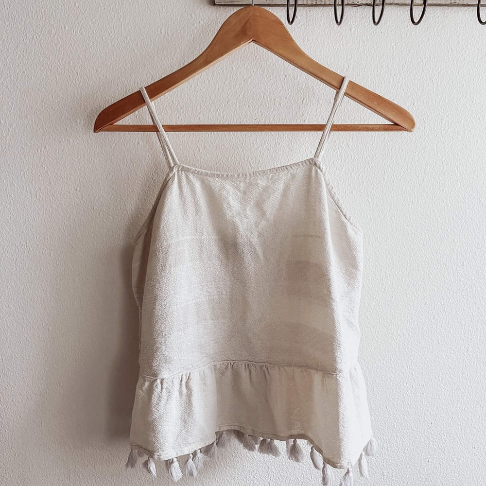 off white tassel linen blouse